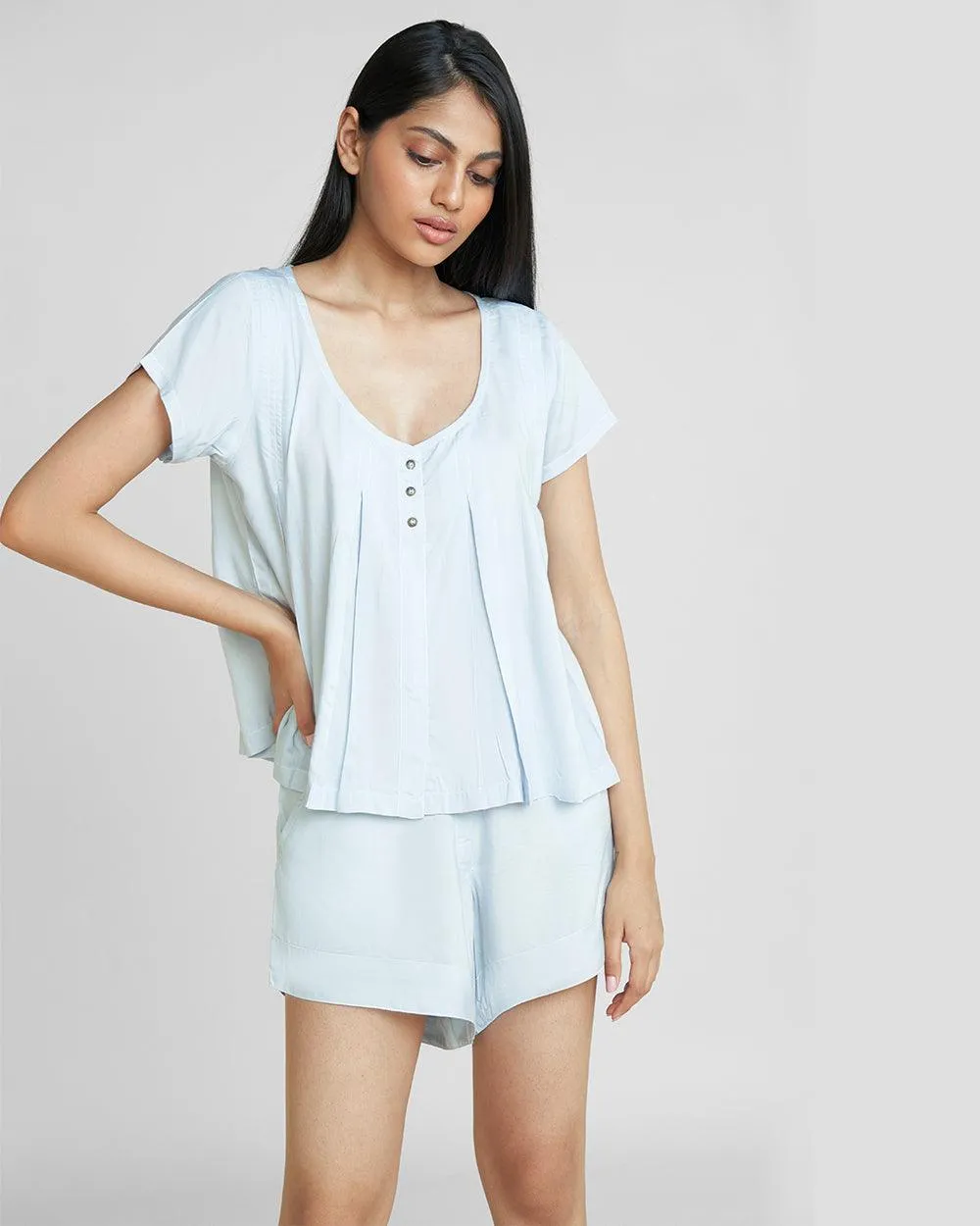 A Dreamy Escape Pajama Shorts Set in Light Blue