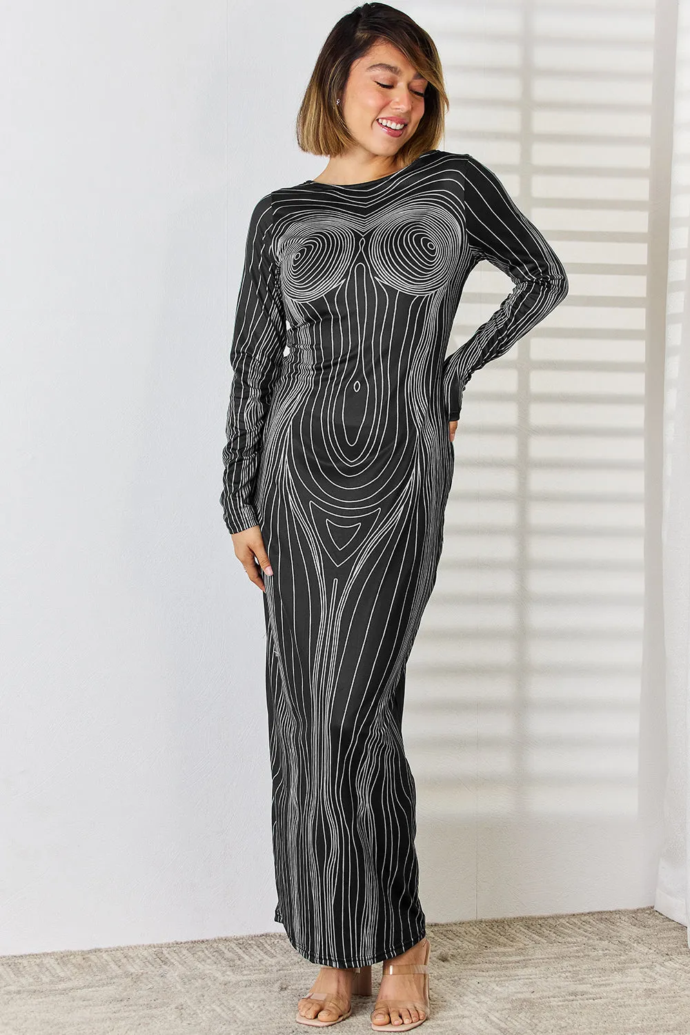 Anatomy Tight Long Dress Sexy Casual Women's Fashion Cutout Round Neck Long Sleeve KESLEY Maxi Dress