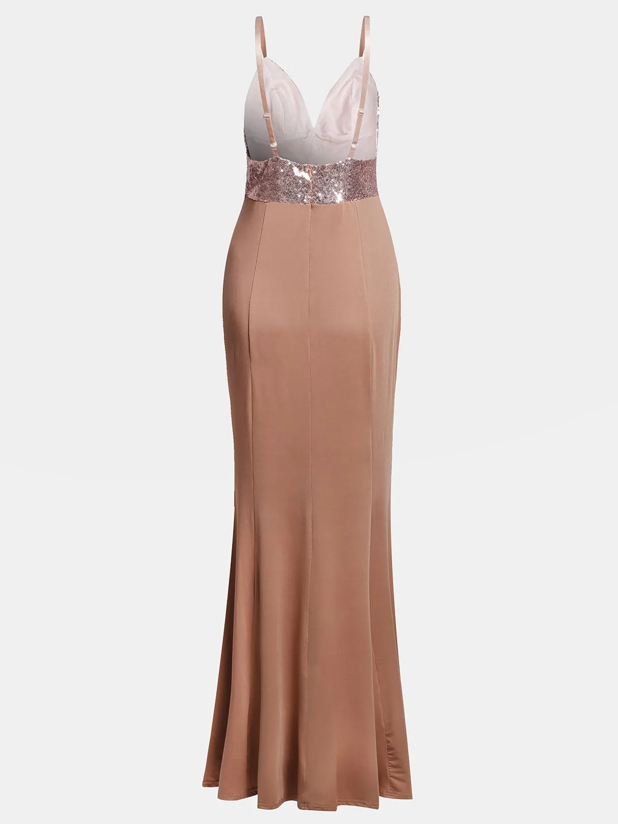 Apricot Deep V Neck Sleeveless Plain Backless Sequins Embellished Maxi Dresses