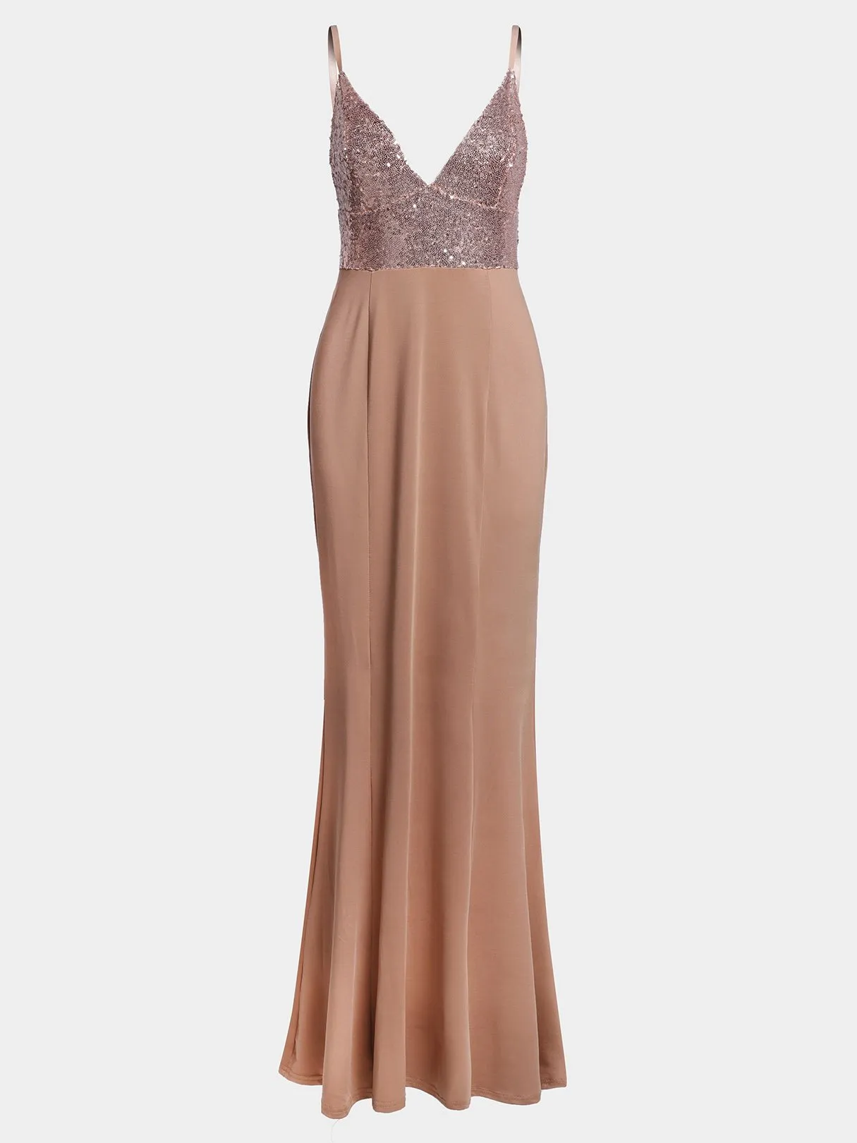 Apricot Deep V Neck Sleeveless Plain Backless Sequins Embellished Maxi Dresses