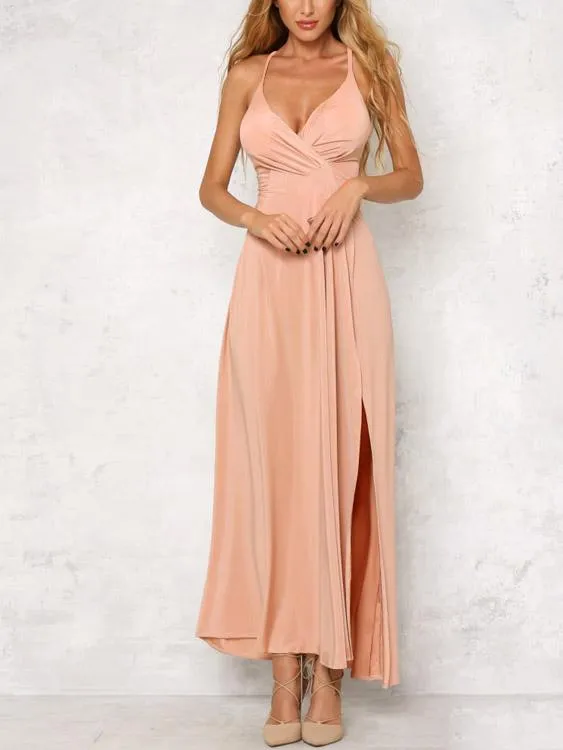 Apricot Tube Top Sleeveless Backless Spaghetti Strap Slit Hem Maxi Dresses