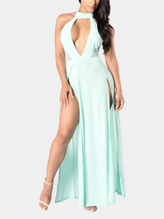 Aquamarine Sleeveless Backless Spaghetti Strap Slit Hem Maxi Dress