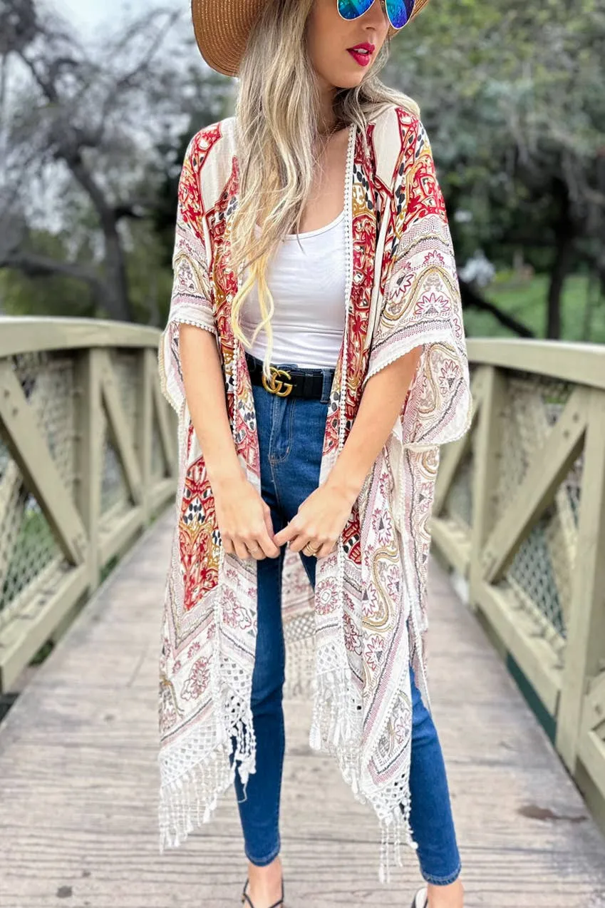 Beige Multi Printed Tassel Kimono