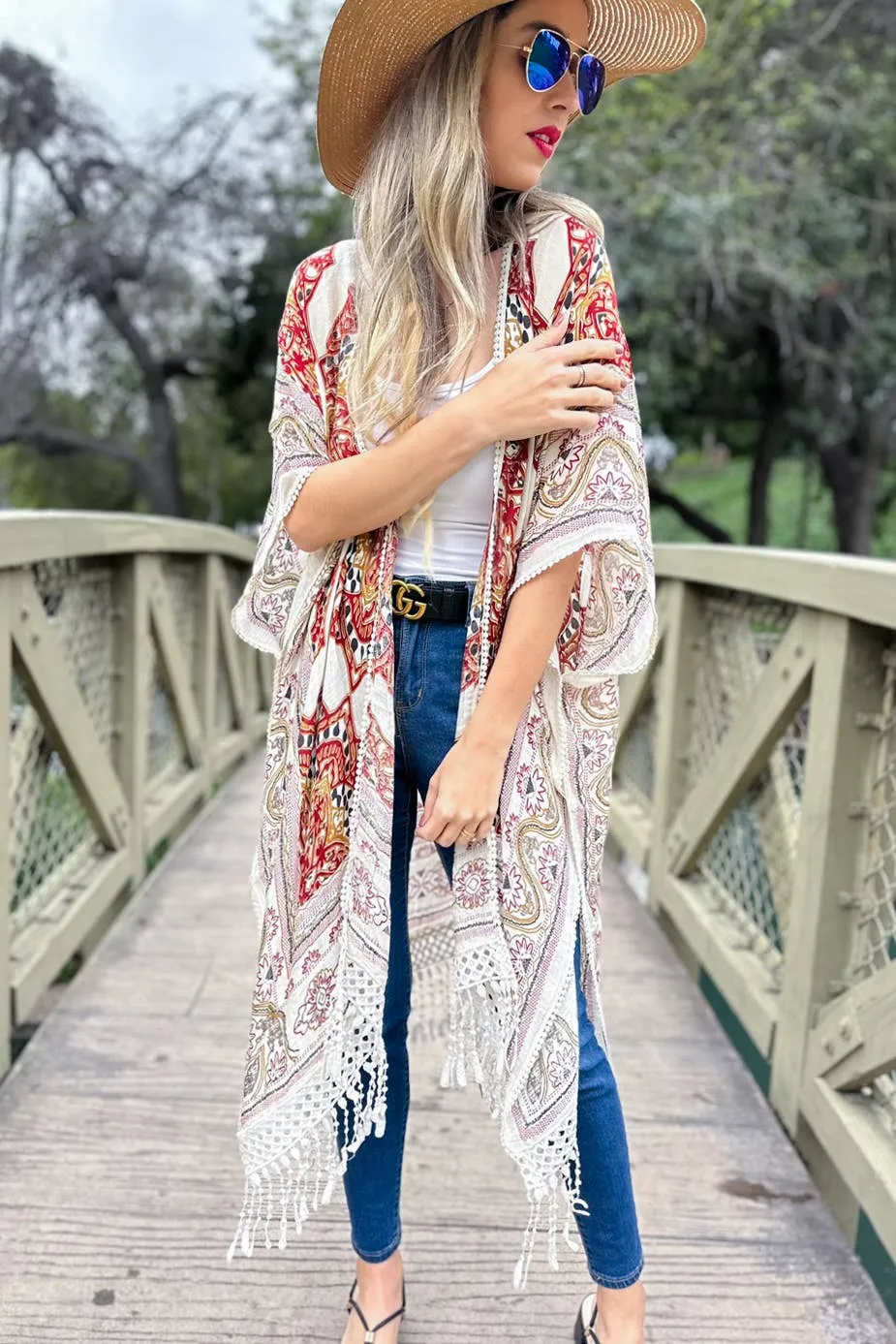 Beige Multi Printed Tassel Kimono