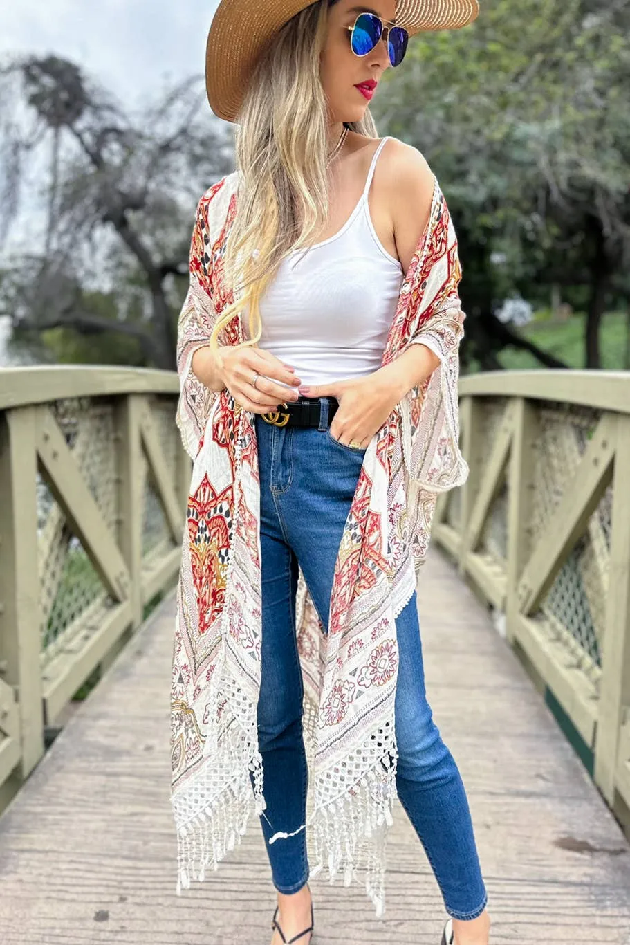 Beige Multi Printed Tassel Kimono