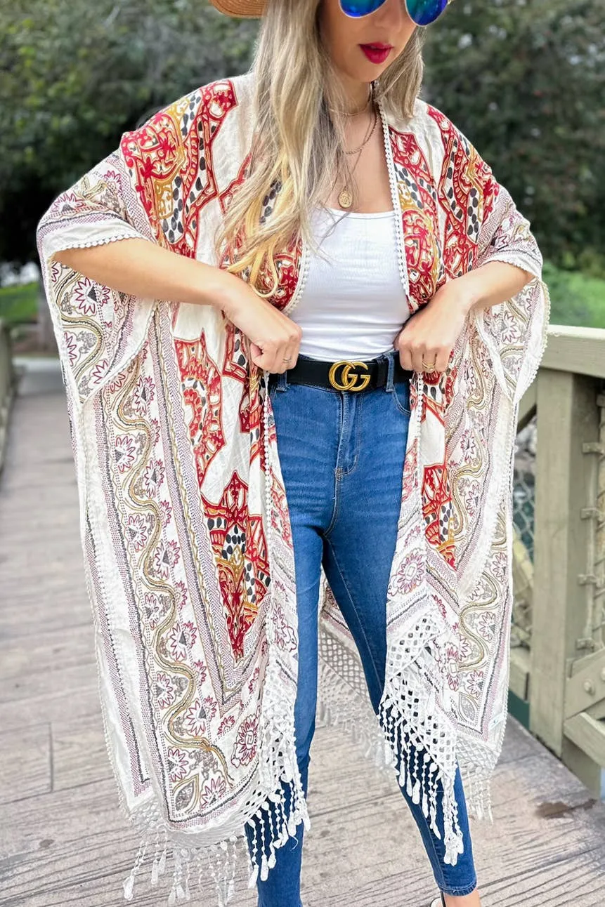 Beige Multi Printed Tassel Kimono