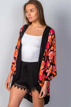 Black Red Floral Print Wide Sleeves Flowy Kimono /2-2-1