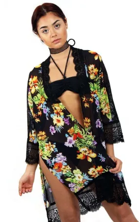 Black Tropical Floral Print Longline Kimono With Lace Trim And Side Splits