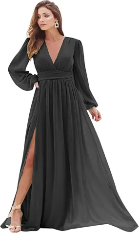 Black Women's Bridesmaid Dresses Long Sleeve Chiffon Deep V-Neck Formal Evening Party Gowns for Women Guests with Split A-line - YnanLi Dress