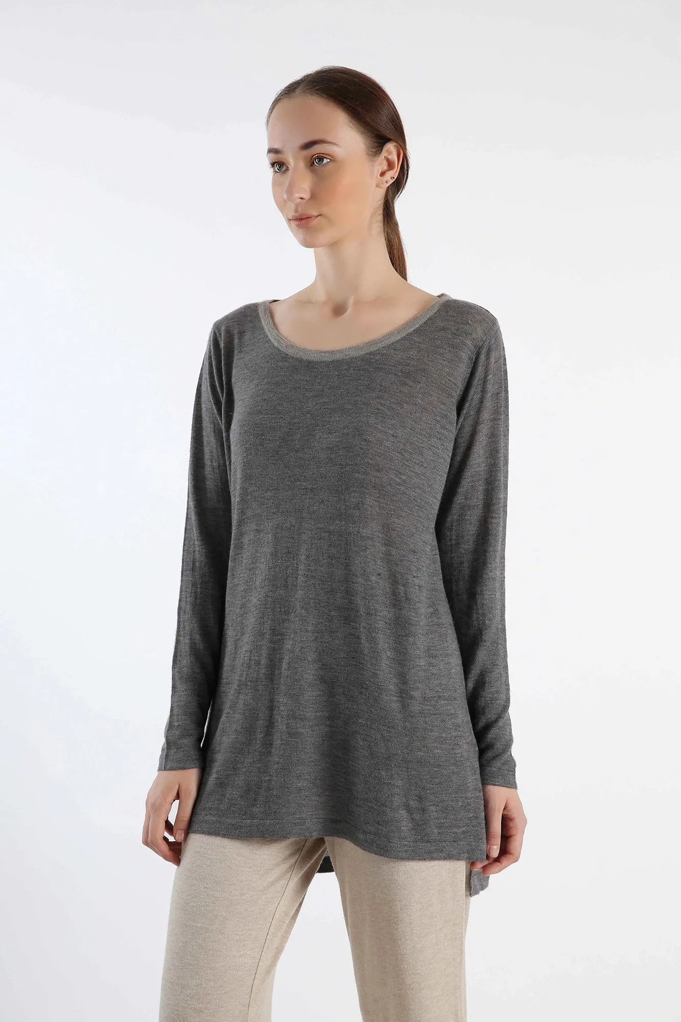 Boat Neck grey tunic-fit Cashmere Sweater