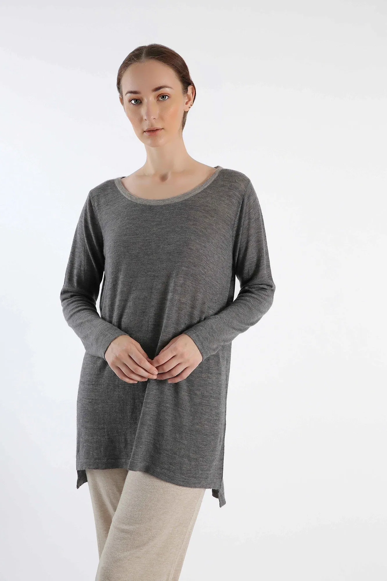 Boat Neck grey tunic-fit Cashmere Sweater