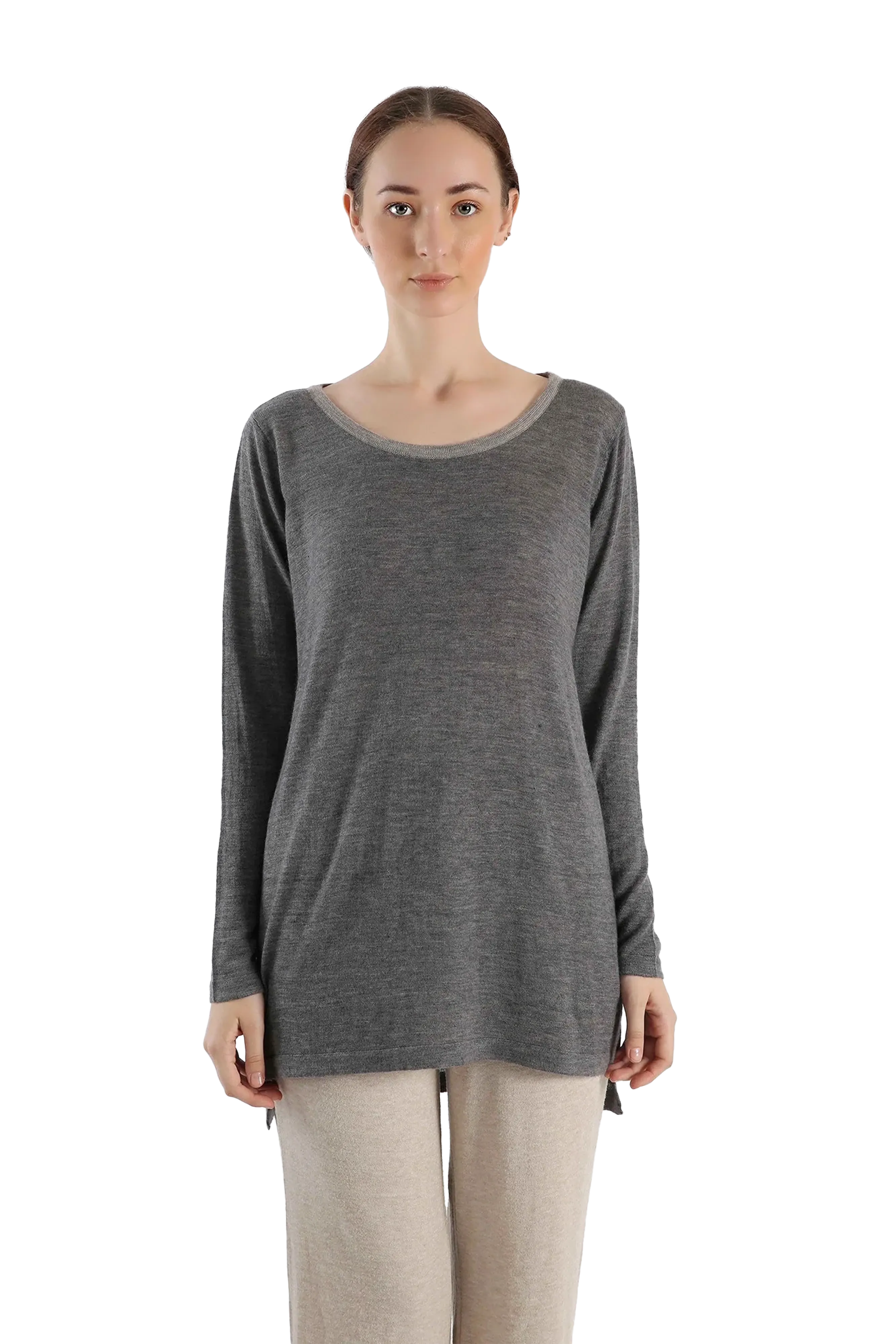 Boat Neck grey tunic-fit Cashmere Sweater