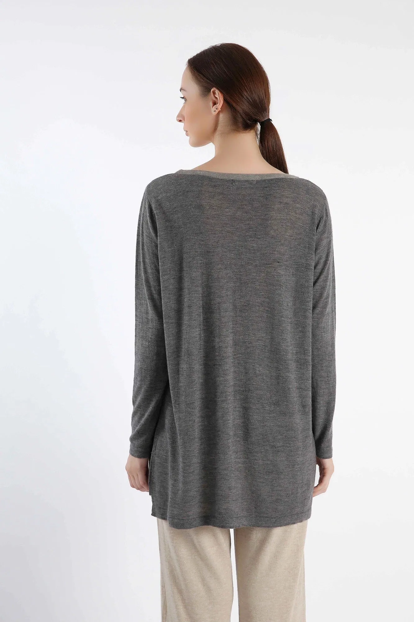 Boat Neck grey tunic-fit Cashmere Sweater