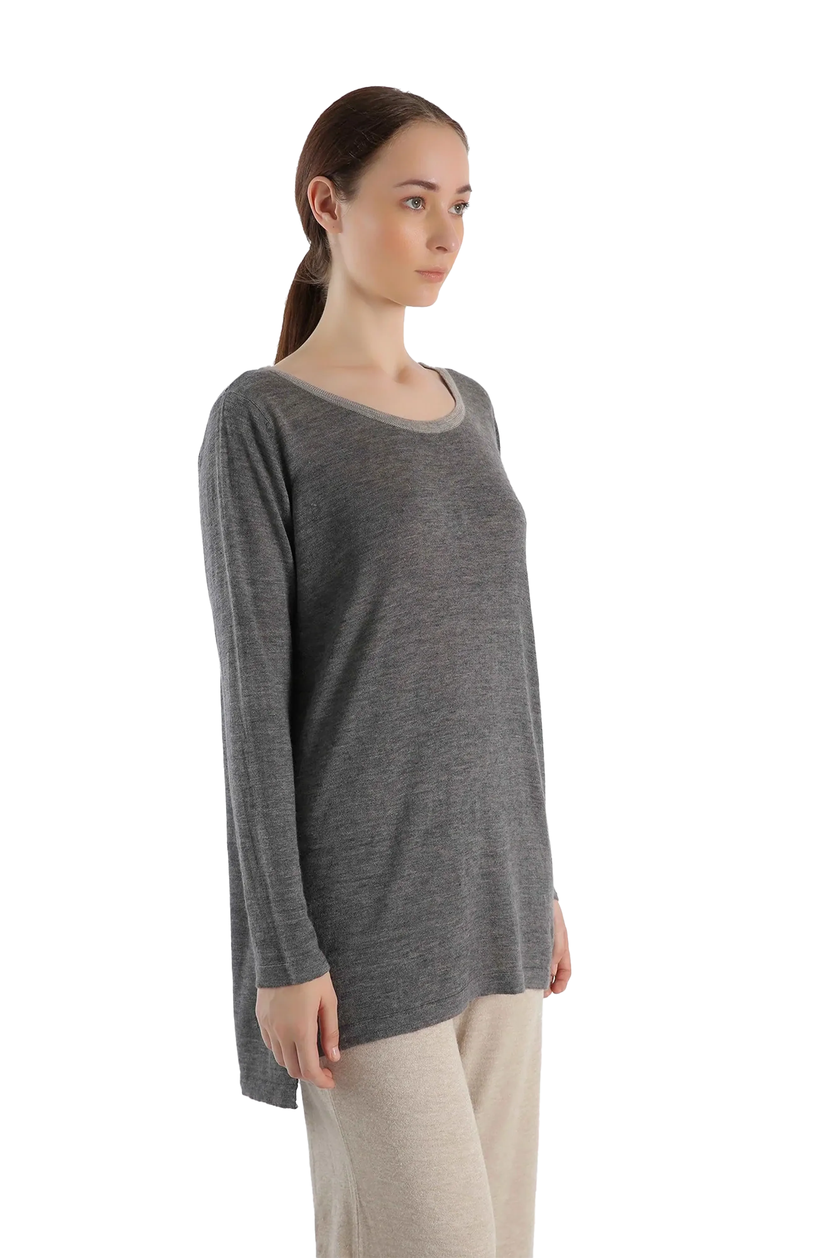 Boat Neck grey tunic-fit Cashmere Sweater