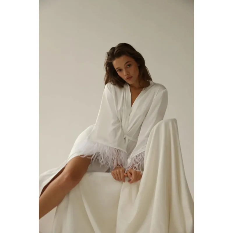 Bride Robe With Feather Sleeves | Long Sleeve Feather Bathrobe