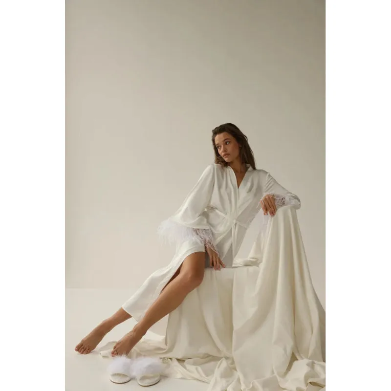 Bride Robe With Feather Sleeves | Long Sleeve Feather Bathrobe