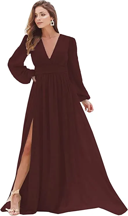 Burgundy Women's Bridesmaid Dresses Long Sleeve Chiffon Deep V-Neck Formal Evening Party Gowns for Women Guests with Split A-line - YnanLi Dress