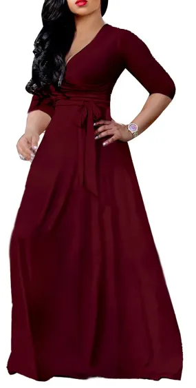 Burgundy Womens Casual Floral Print Long Maxi Dress Plus Size Plain Party Outfits - JTNFairy