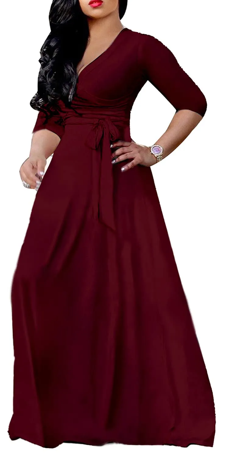 Burgundy Womens Casual Floral Print Long Maxi Dress Plus Size Plain Party Outfits - JTNFairy