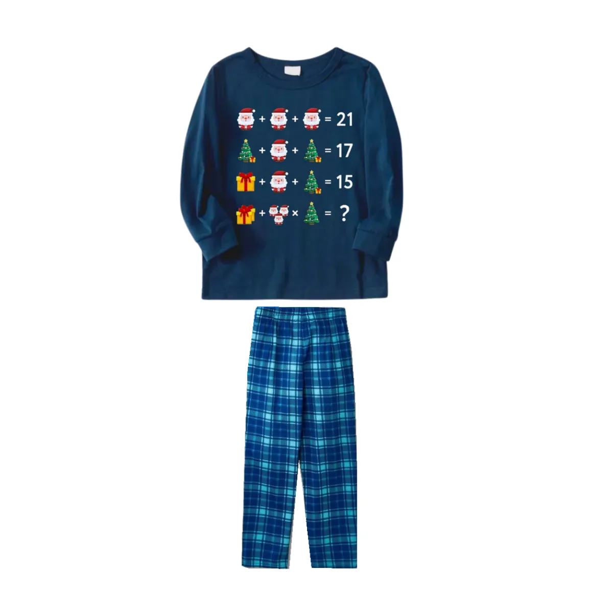 Christmas Cute Arithmetic Pattern Blue Long Sleeve Top With Blue Plaid Family Matching Pajamas