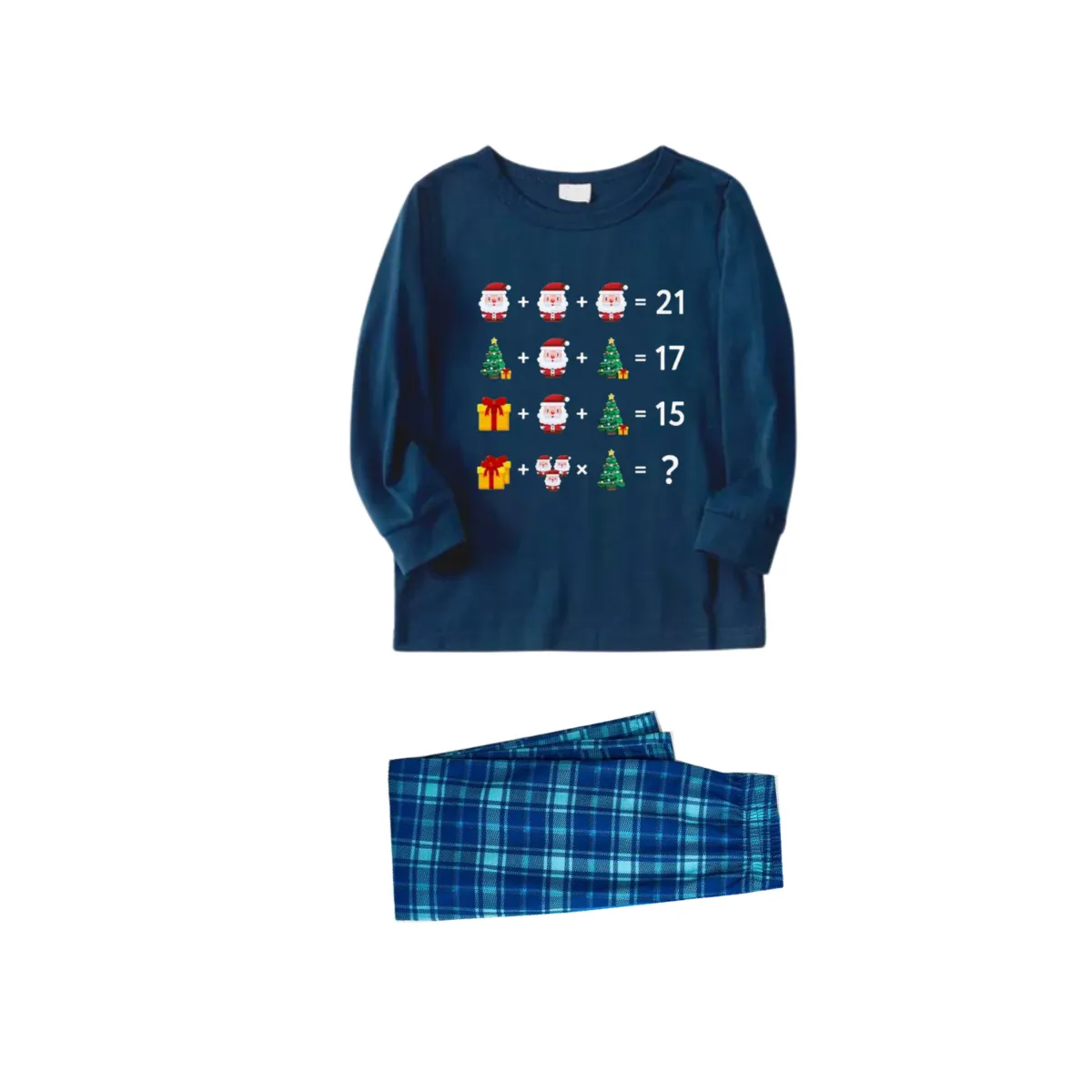 Christmas Cute Arithmetic Pattern Blue Long Sleeve Top With Blue Plaid Family Matching Pajamas