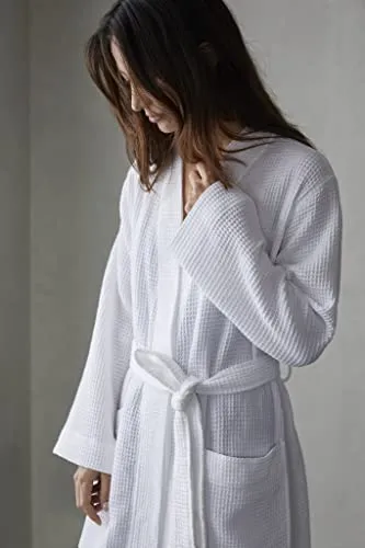 Coyuchi Unisex Waffle Patterned Organic Cotton Robe - Fast Drying Weave - Classic Spa Style Robe - GOTS Certified