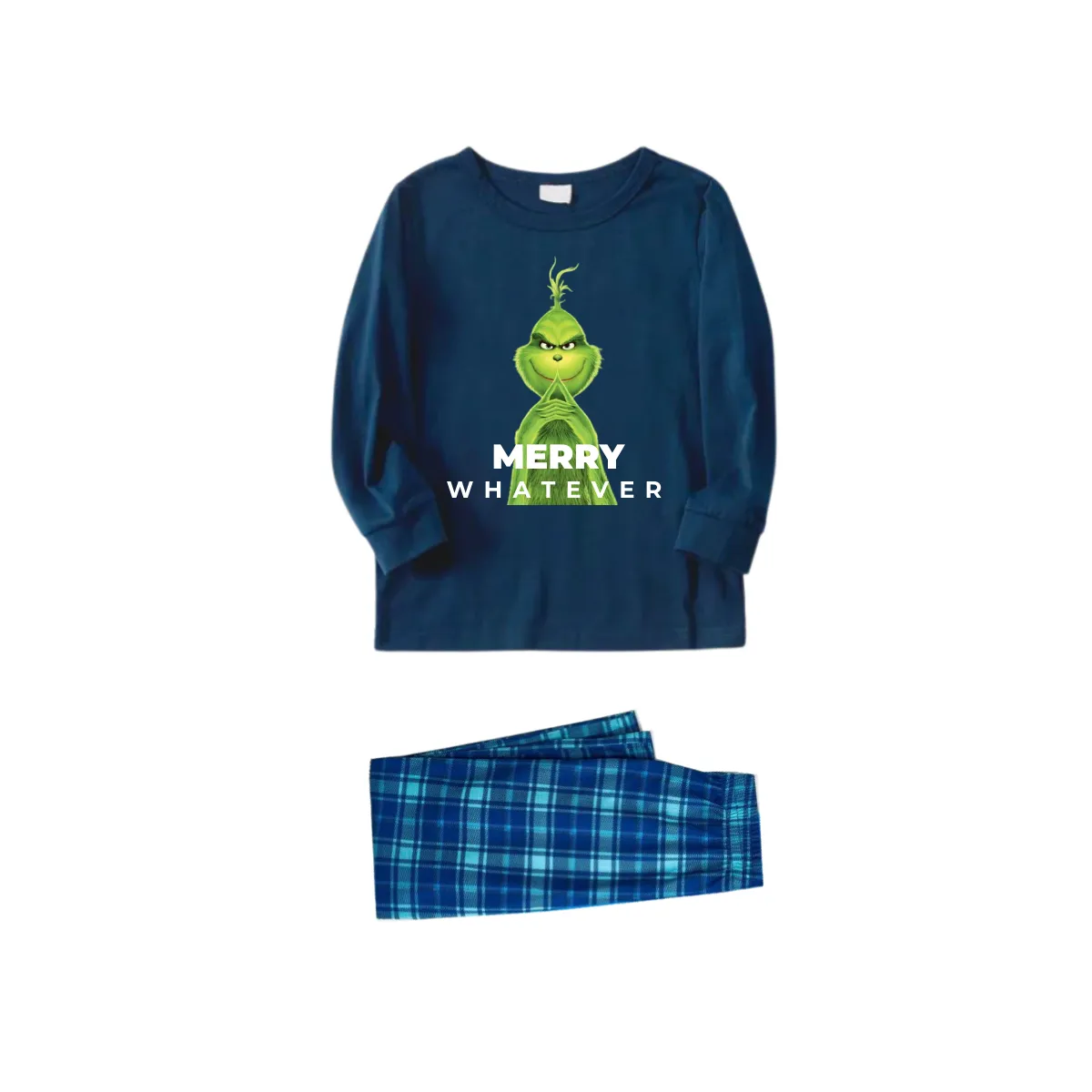 Cute Cartoon Pattern and "Merry Whatever" Slogan Printed Blue Top Sky Blue Plaid Pants Family Matching Pajamas