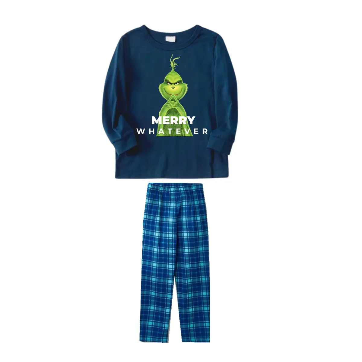 Cute Cartoon Pattern and "Merry Whatever" Slogan Printed Blue Top Sky Blue Plaid Pants Family Matching Pajamas