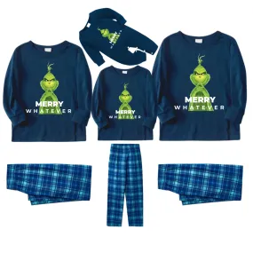 Cute Cartoon Pattern and "Merry Whatever" Slogan Printed Blue Top Sky Blue Plaid Pants Family Matching Pajamas