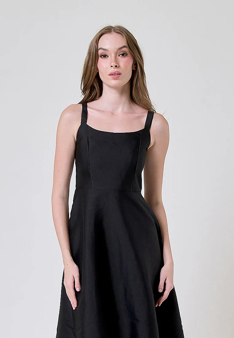 Euphoria Black Flowy A Line Midi Dress