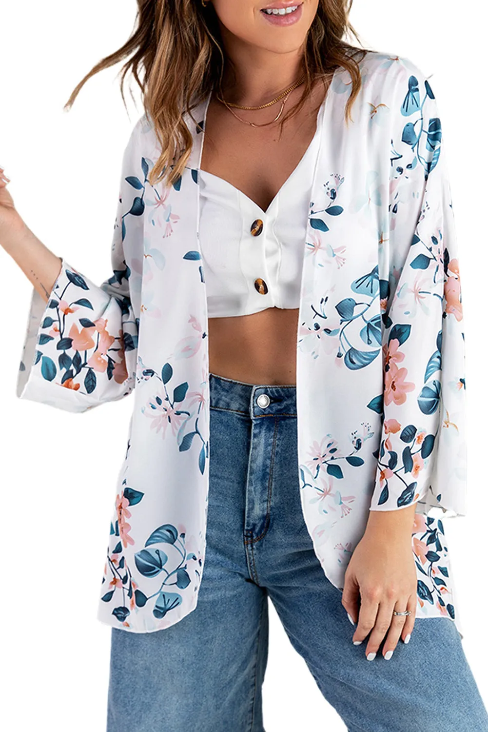 Floral Print 3/4 Sleeve High Low Open Front Kimono