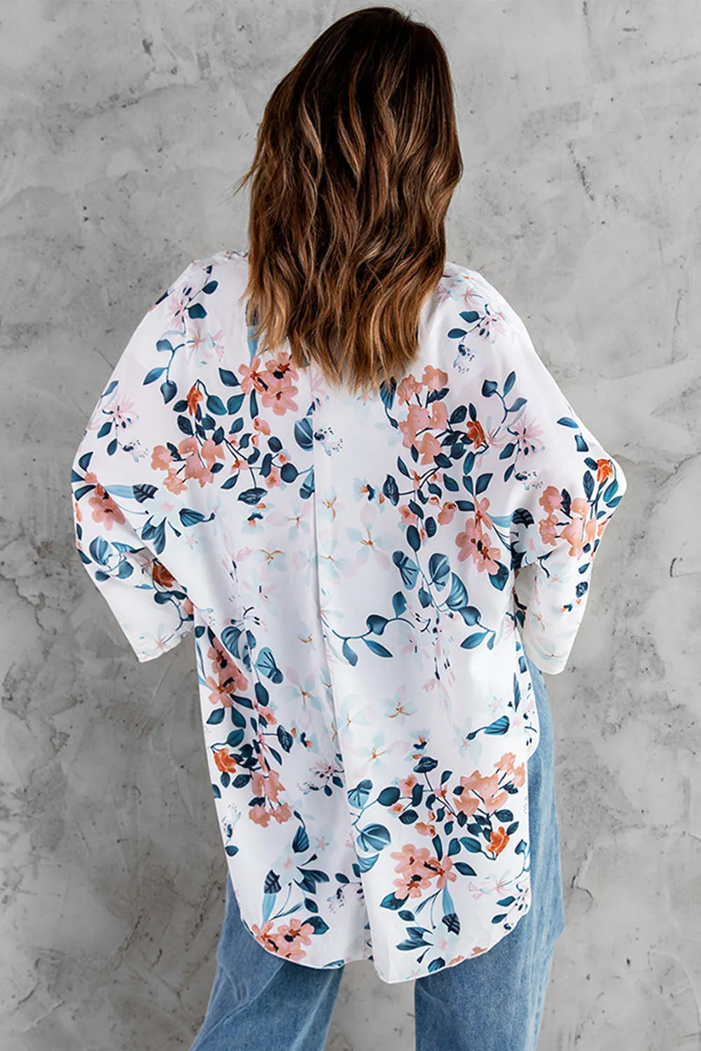 Floral Print 3/4 Sleeve High Low Open Front Kimono