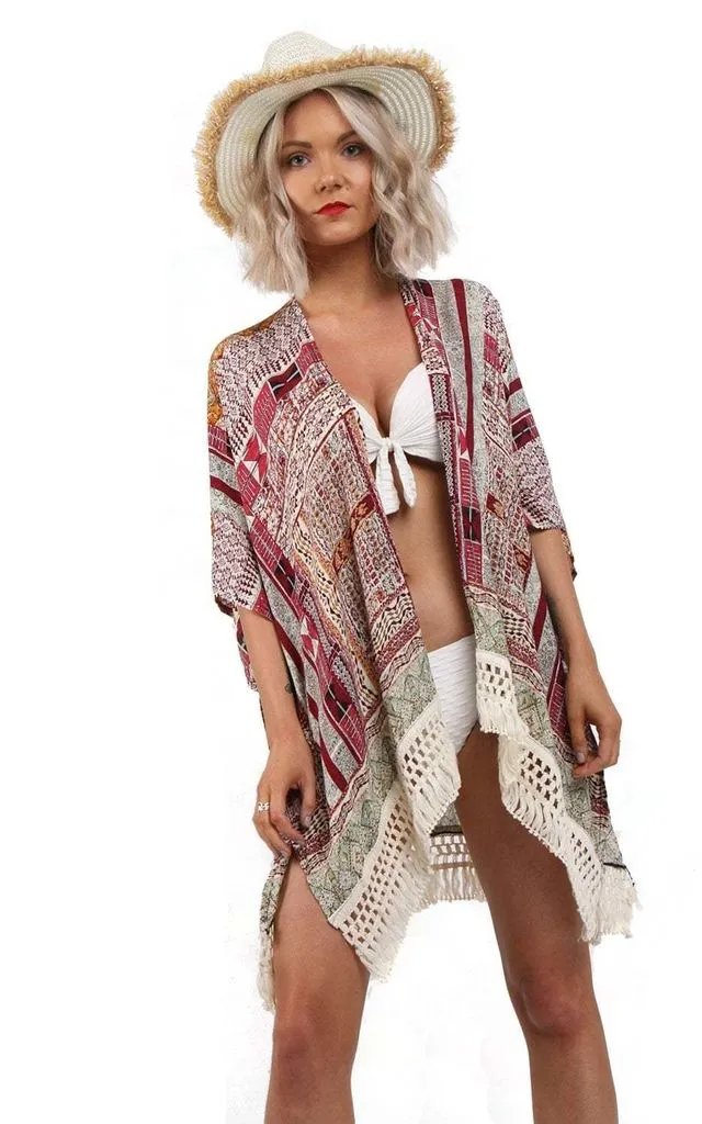 Geometric Print Tassel Trim Kimono