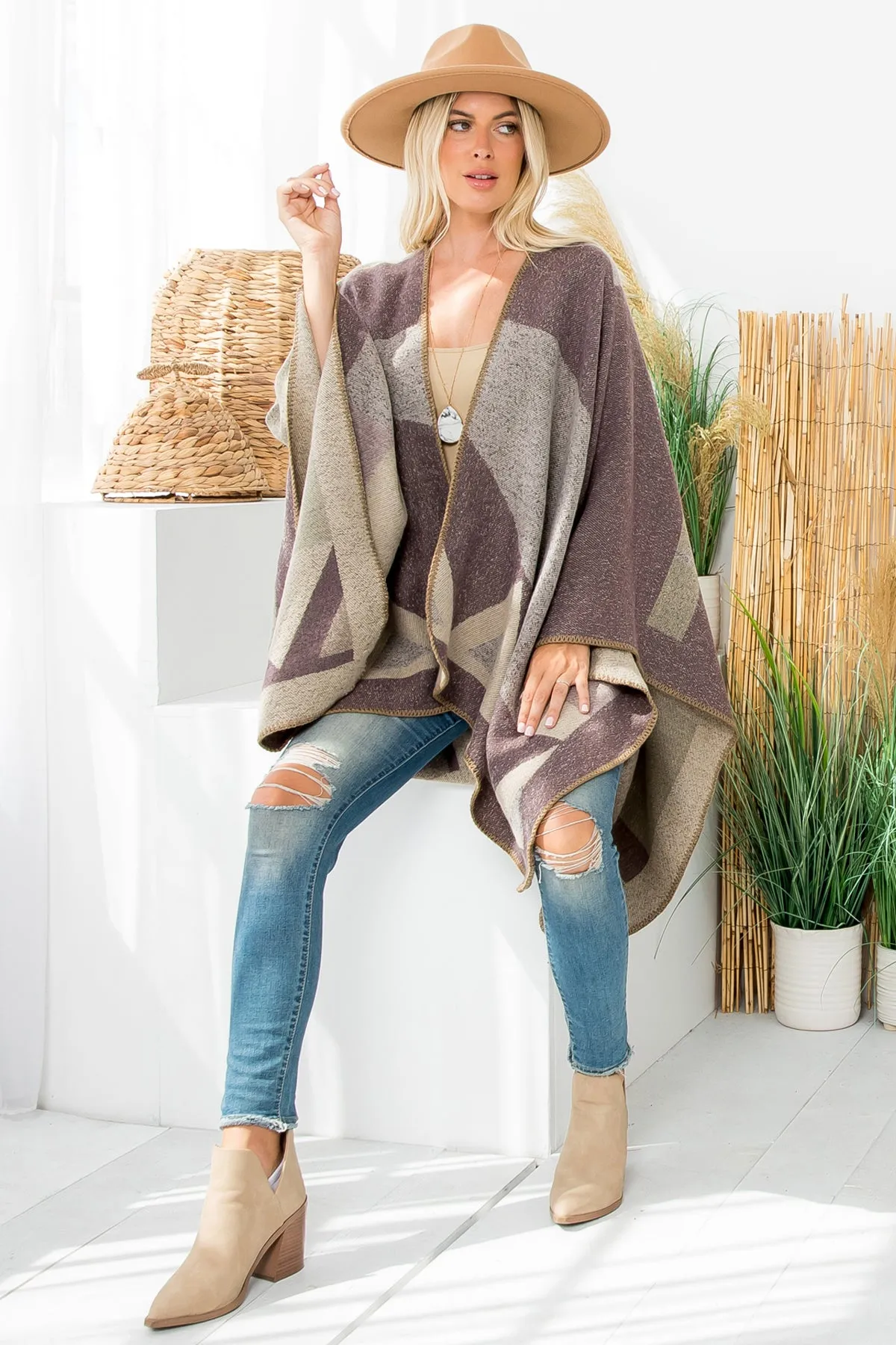 GEOMETRIC SHAPE PRINT WARMER OPEN FRONT KIMONO