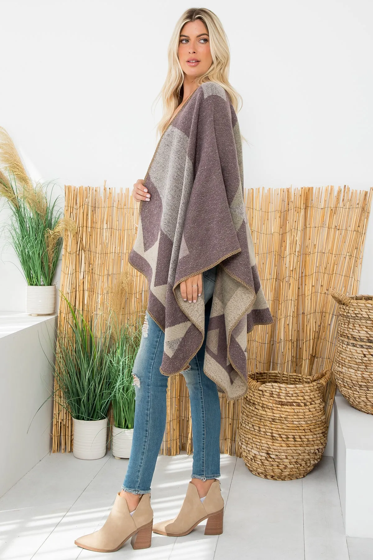 GEOMETRIC SHAPE PRINT WARMER OPEN FRONT KIMONO