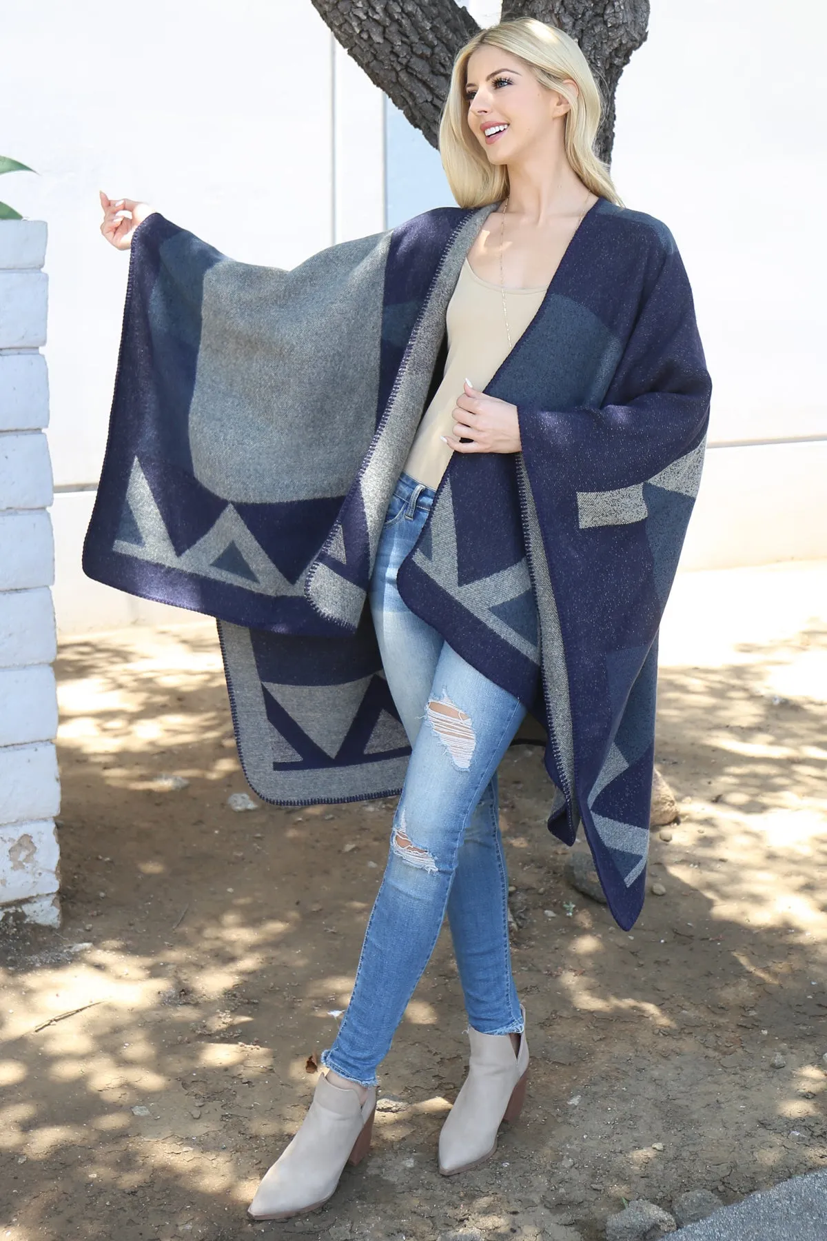 GEOMETRIC SHAPE PRINT WARMER OPEN FRONT KIMONO