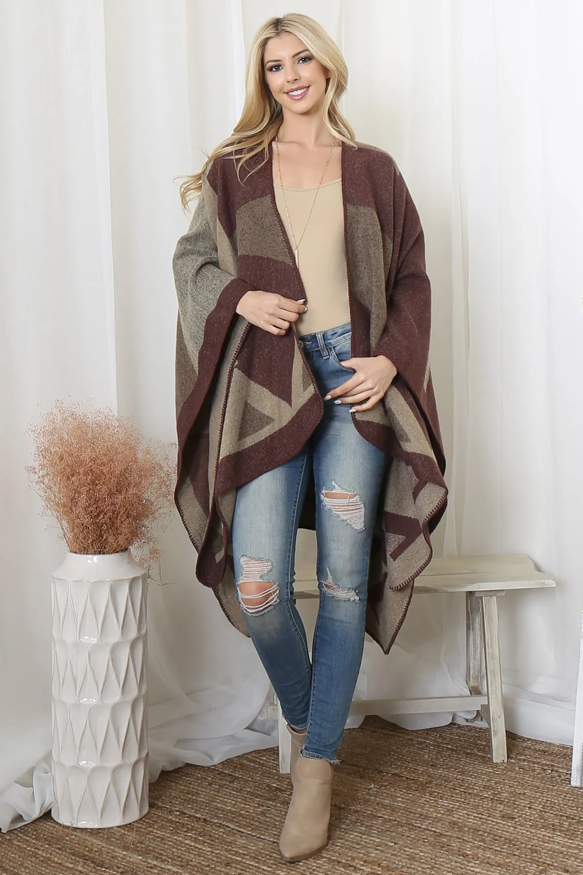 GEOMETRIC SHAPE PRINT WARMER OPEN FRONT KIMONO