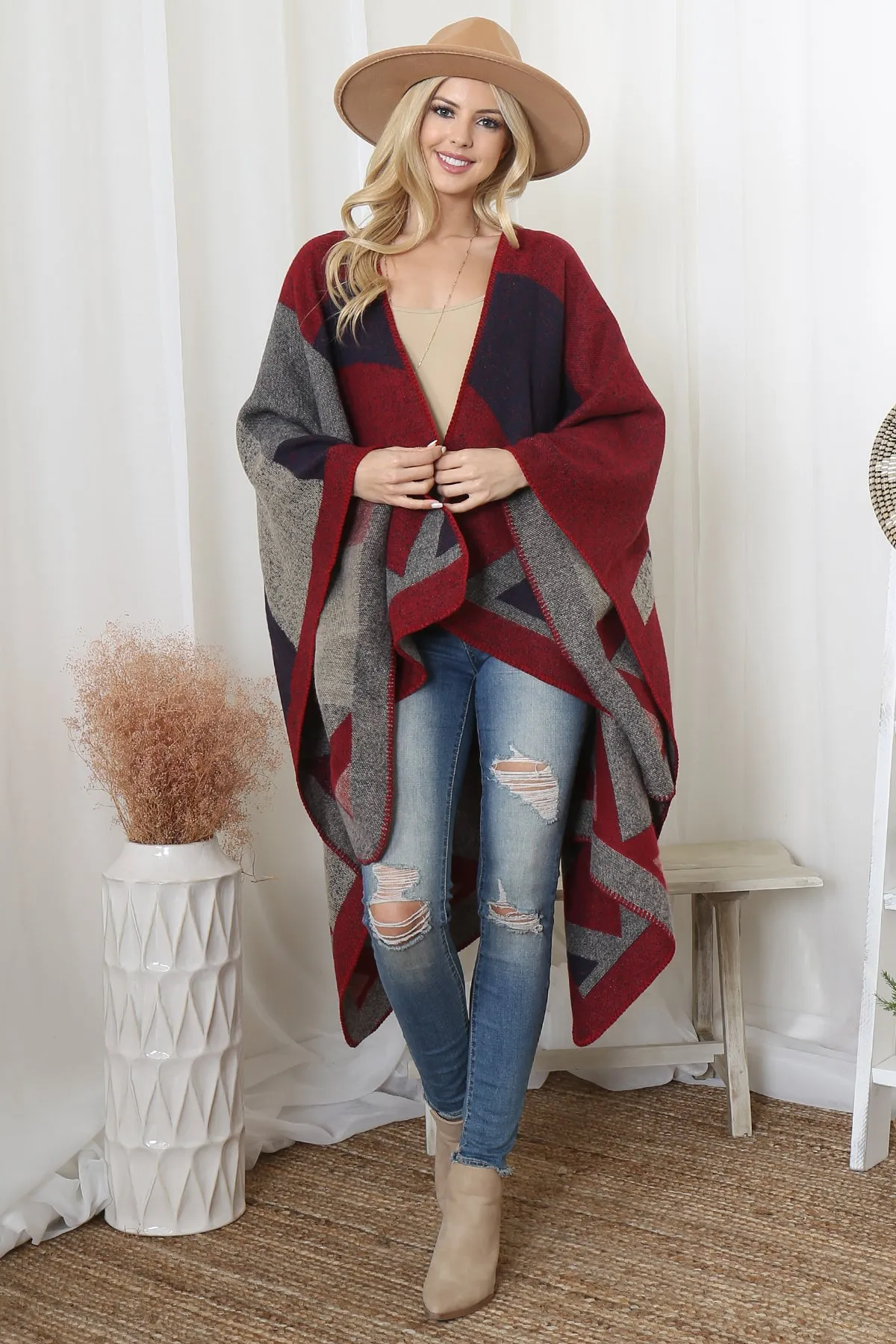 GEOMETRIC SHAPE PRINT WARMER OPEN FRONT KIMONO