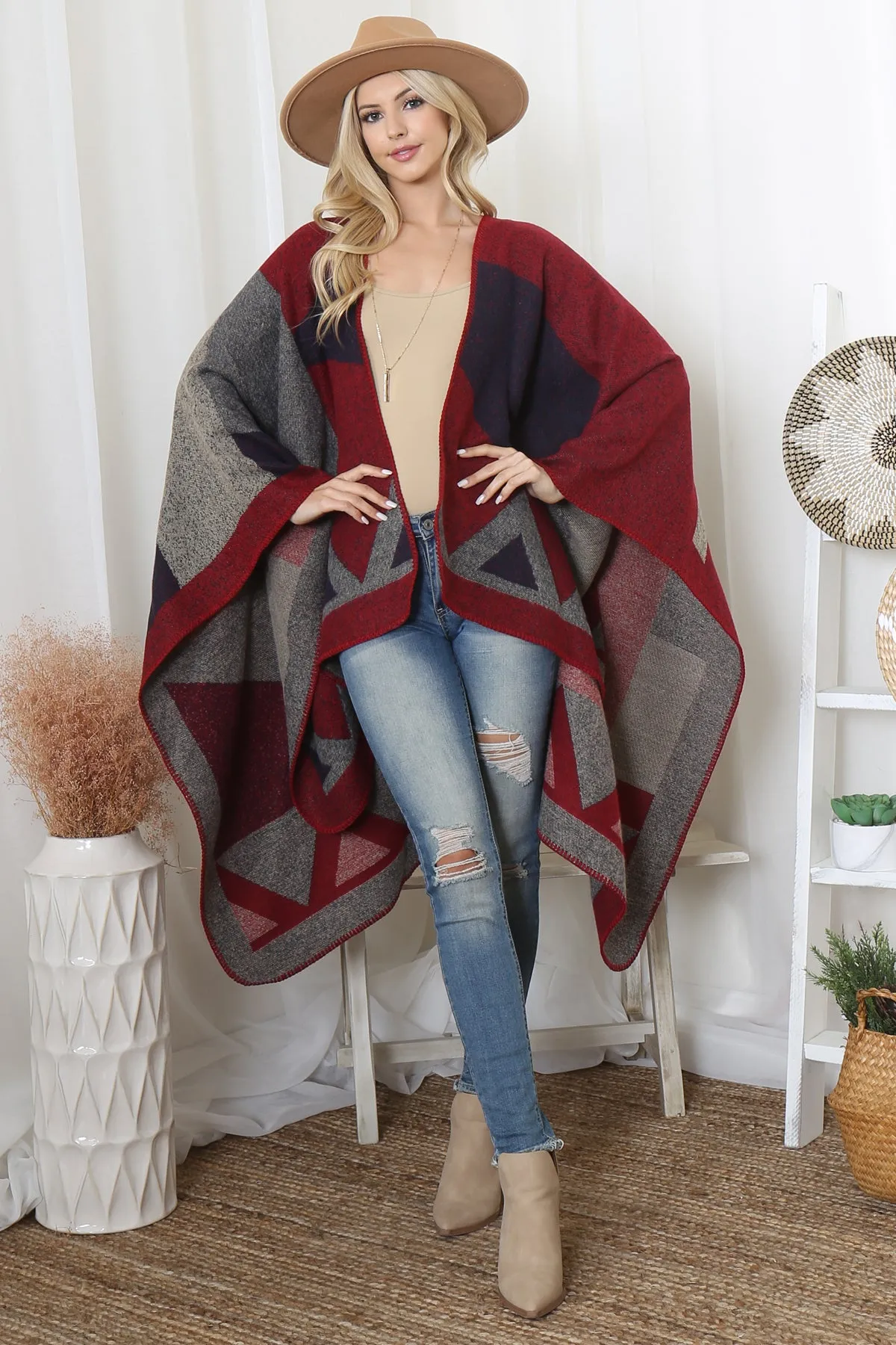 GEOMETRIC SHAPE PRINT WARMER OPEN FRONT KIMONO