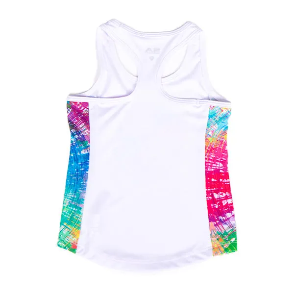 Girls Active Tank | White | Rainbow Spiral