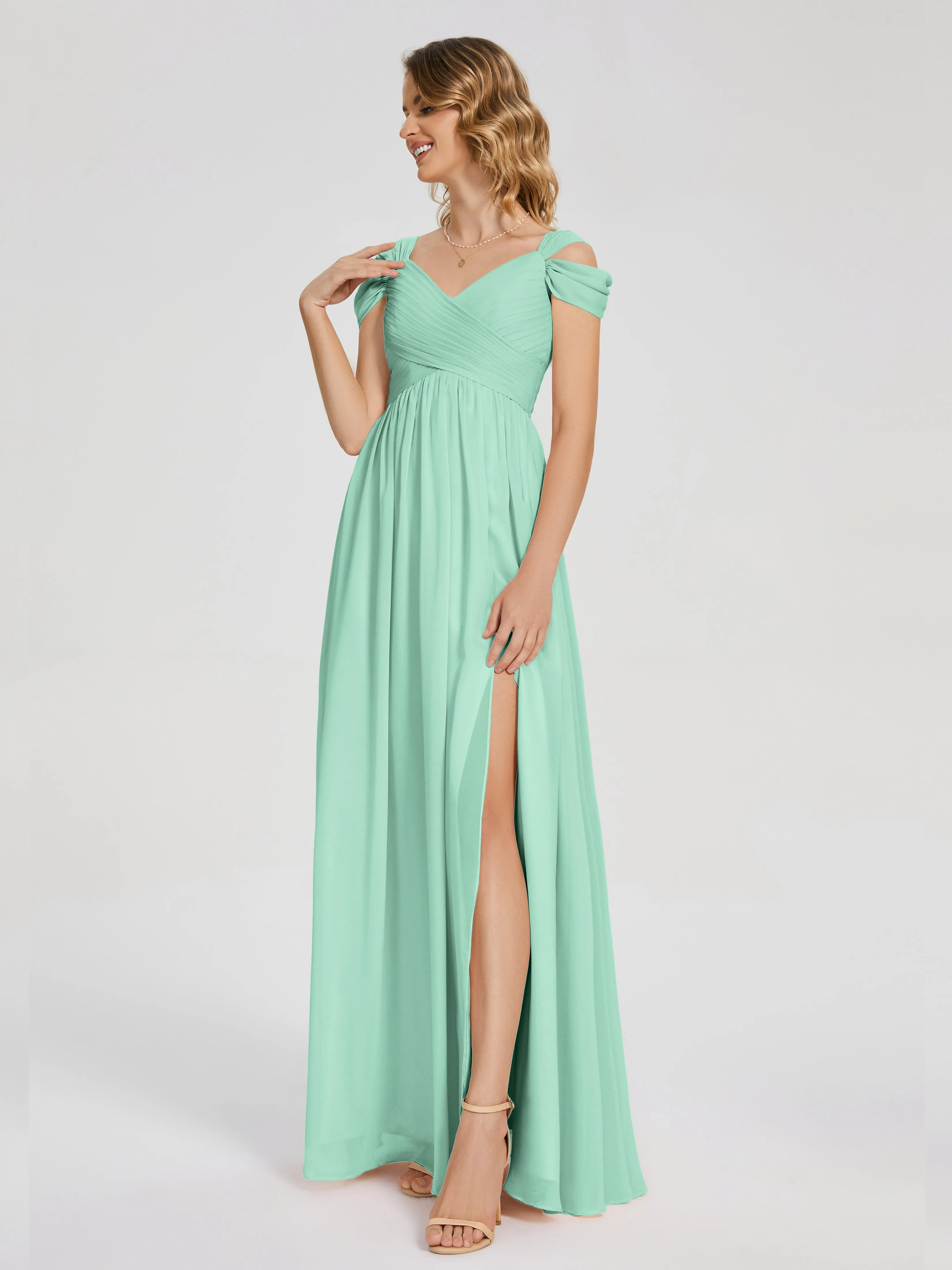 Green Mint Bridesmaid Dresses Charlee Flowy Split Chiffon Bridesmaid Dresses