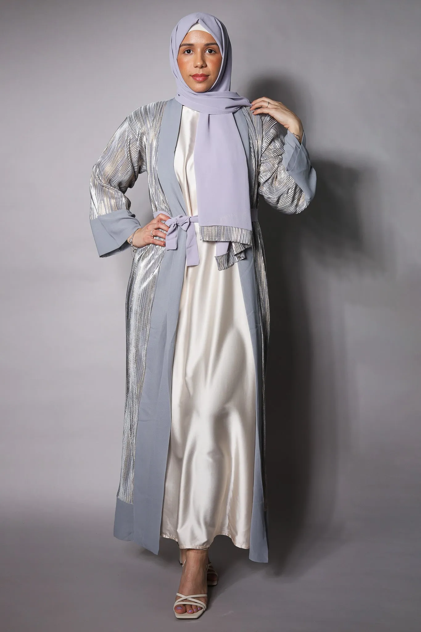 Grey Gold Open Kimono with Chiffon Cuffs