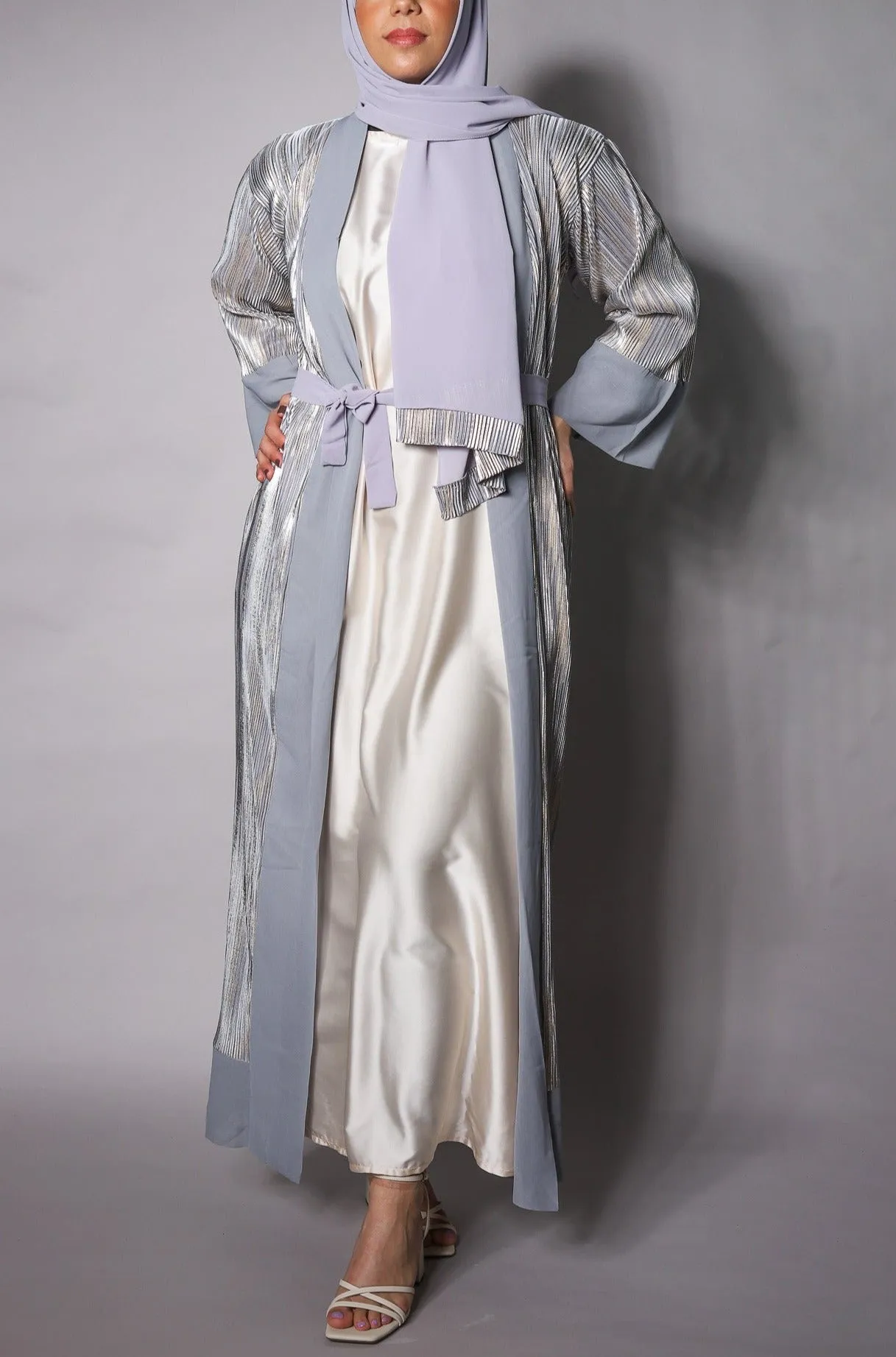 Grey Gold Open Kimono with Chiffon Cuffs