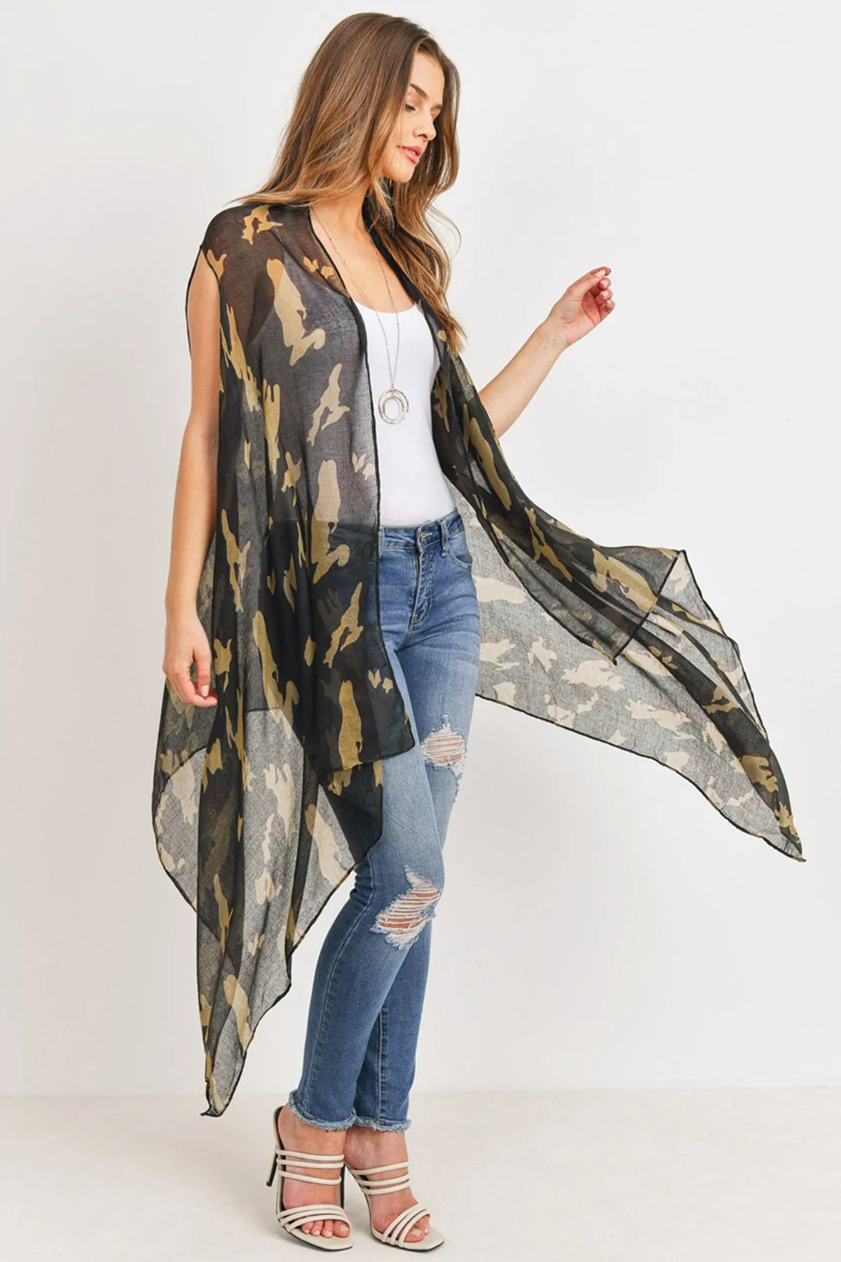 Hdf3083 - Knee Length Camouflage Open Front Kimono Vest