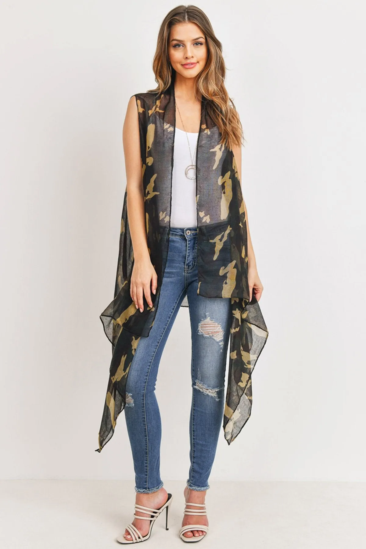 Hdf3083 - Knee Length Camouflage Open Front Kimono Vest