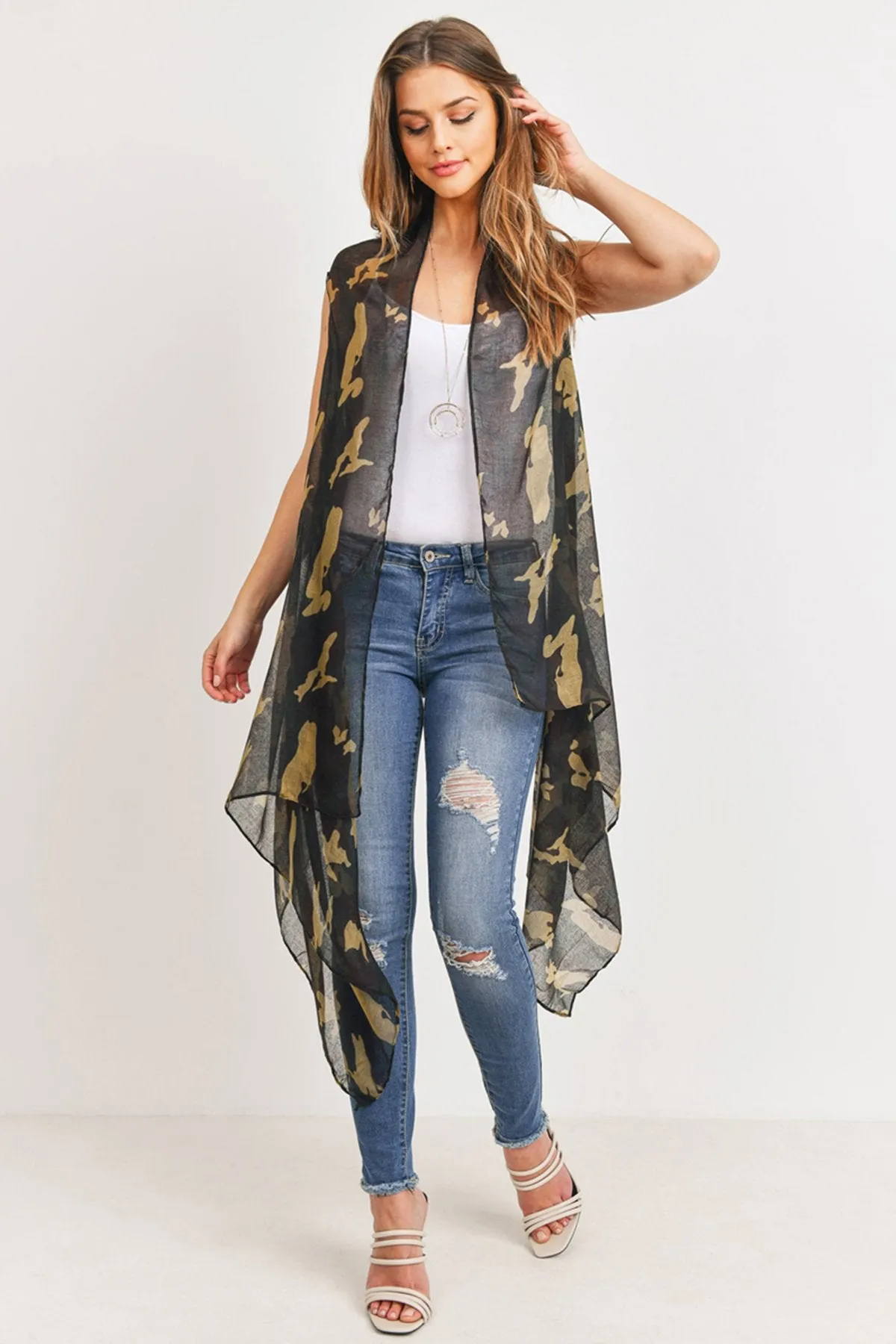 Hdf3083 - Knee Length Camouflage Open Front Kimono Vest