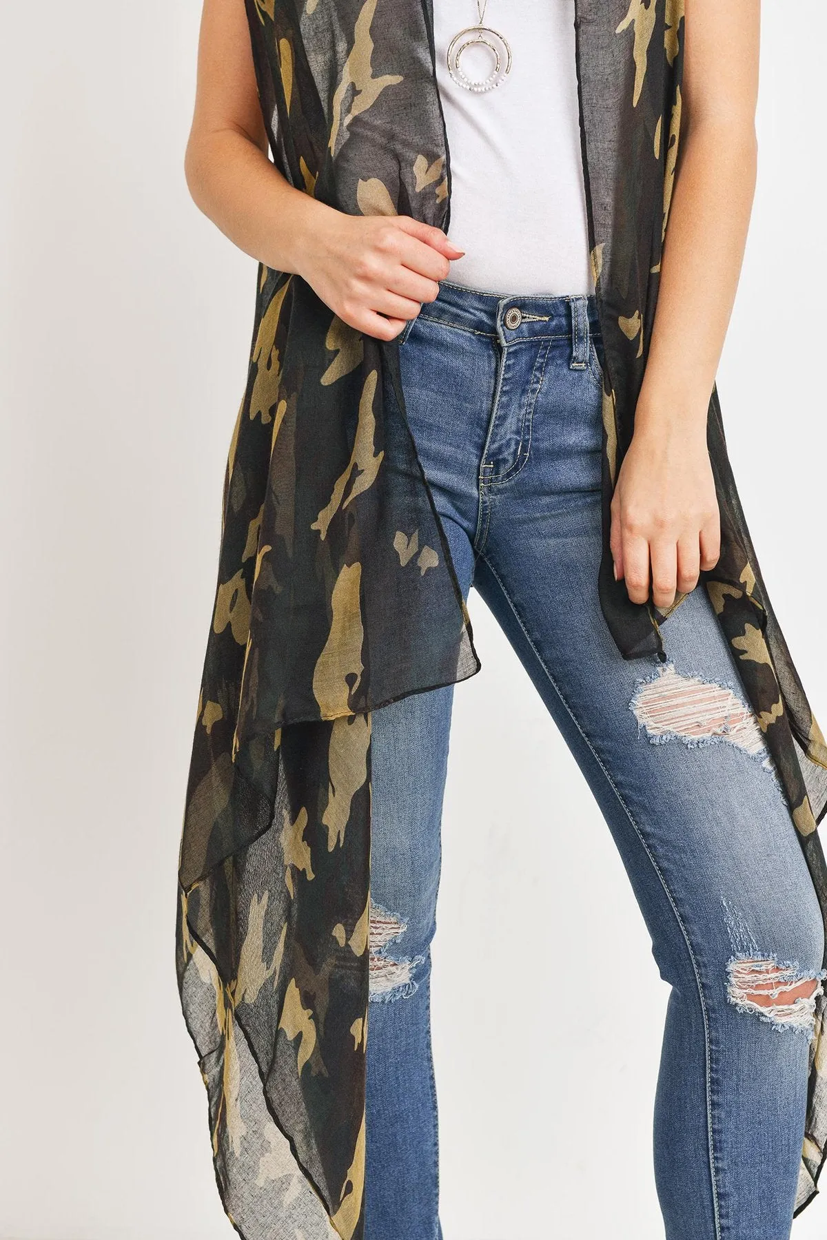 Hdf3083 - Knee Length Camouflage Open Front Kimono Vest