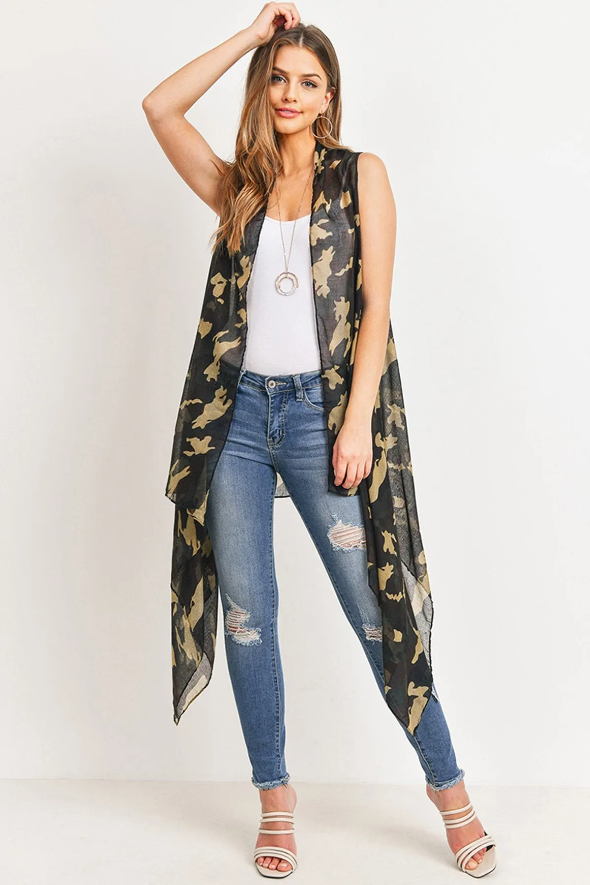 Hdf3165 - Camouflage Print Open Kimono