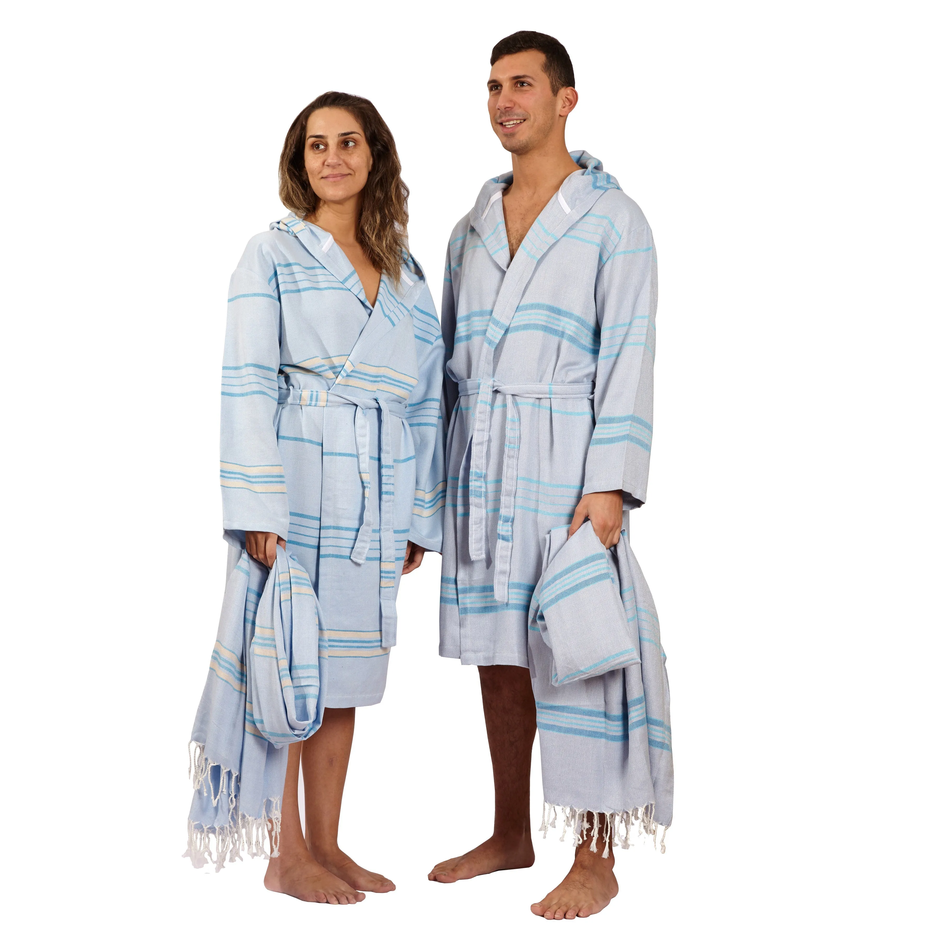 Hilana Upcycled Cotton Antalya Unisex Sustainable Striped Bathrobe - Beige