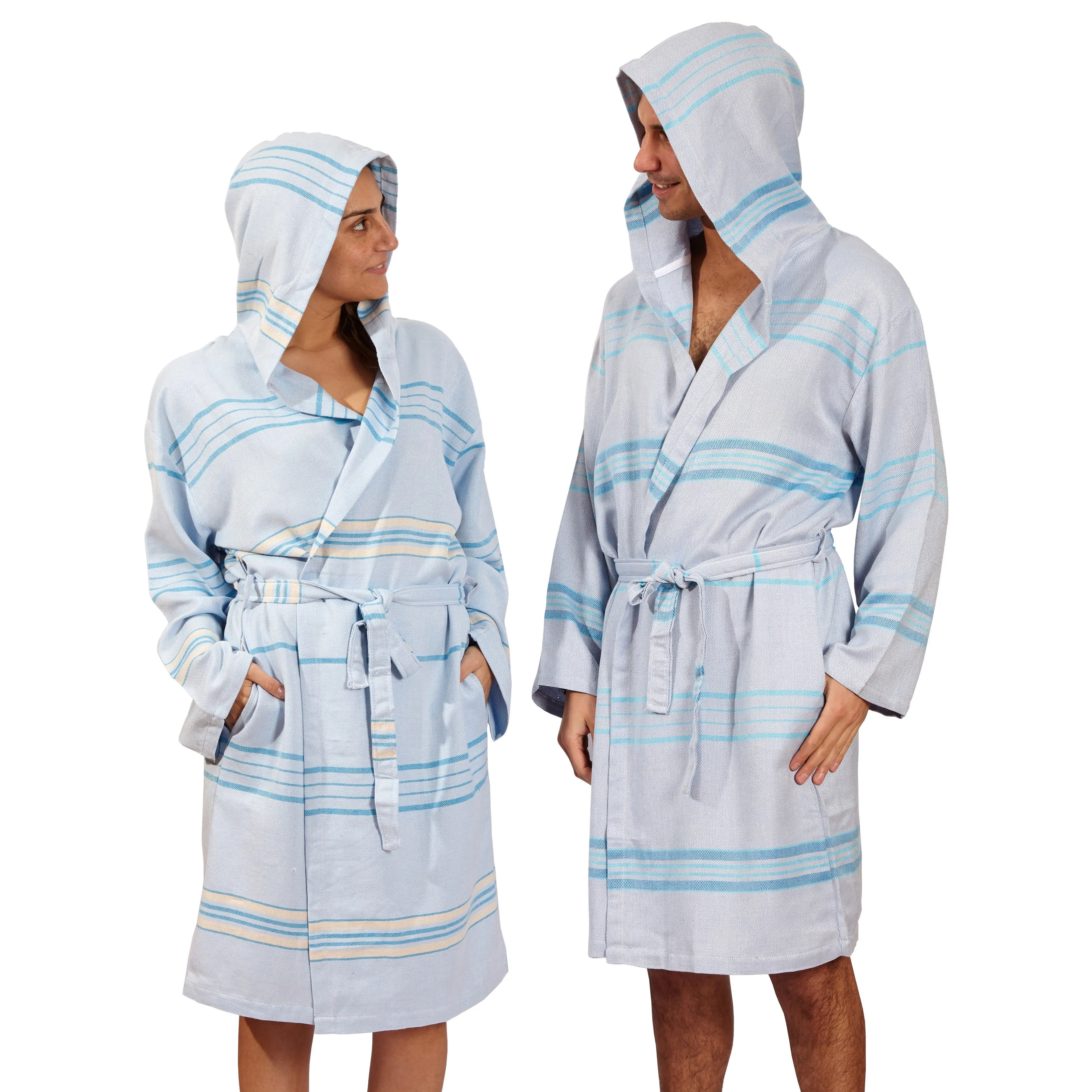 Hilana Upcycled Eco-Friendly Cotton Turkish Bathrobe - Beige Blue